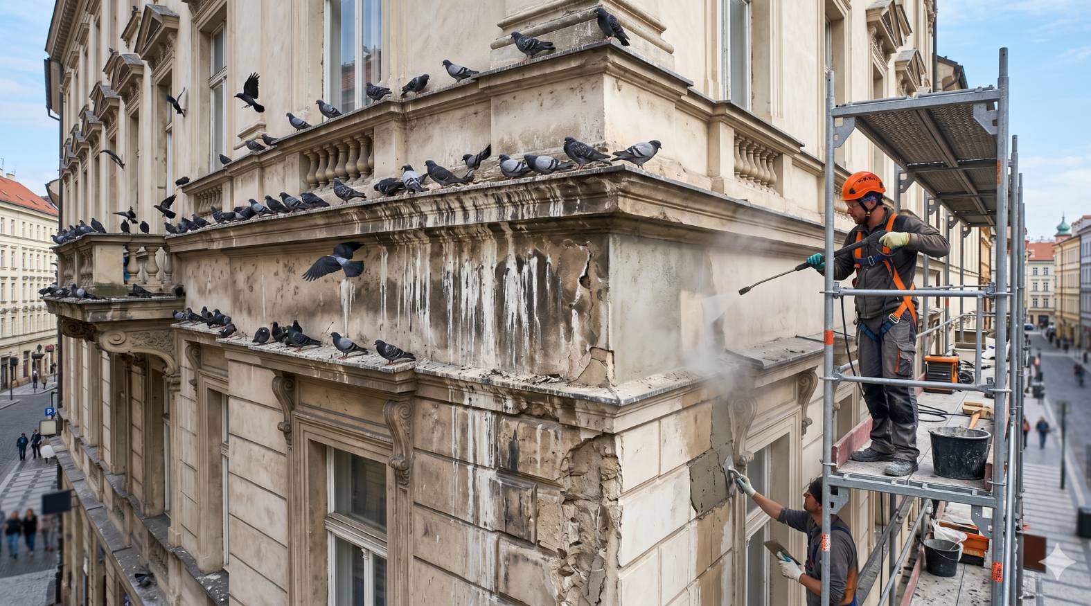 Holubi, kavky a jiní ptáci: jak poškozují fasády a co to obnáší opravit