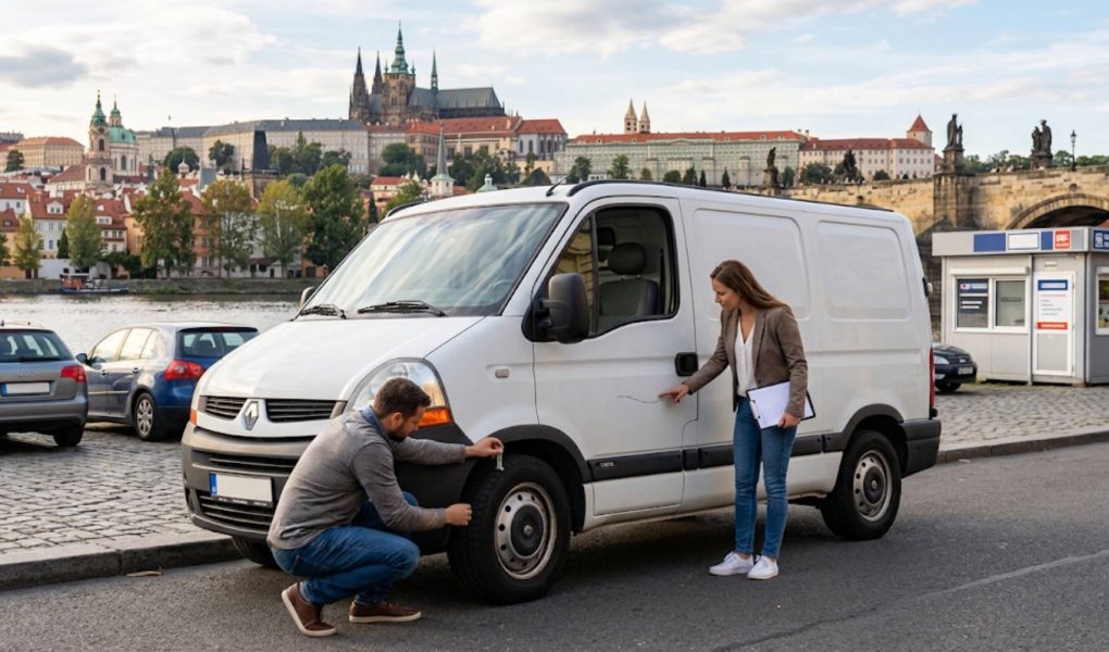 Detailní pohled na proces kontroly pronajaté bílé dodávky v Praze. Pár si prohlíží škrábanec na boku vozidla a kontroluje pneumatiky. V pozadí je ikonické panorama Prahy s Karlovým mostem a Pražským hradem nad řekou Vltavou.