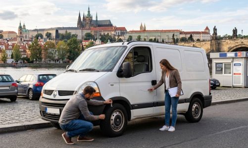 Detailní pohled na proces kontroly pronajaté bílé dodávky v Praze. Pár si prohlíží škrábanec na boku vozidla a kontroluje pneumatiky. V pozadí je ikonické panorama Prahy s Karlovým mostem a Pražským hradem nad řekou Vltavou.